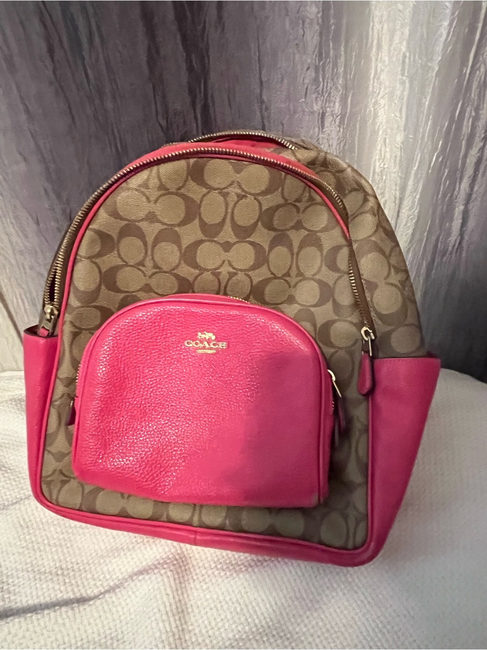 Coach Brown Signature Canvas Backpack with Pink Leather Accents